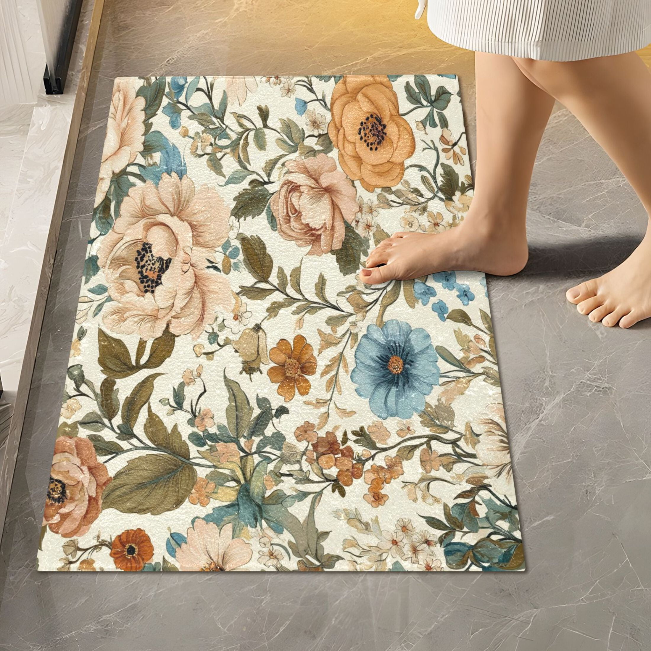 2 Piece Soft Bathroom Rug Set Beautiful Vintage Floral Bath Mat and U-Shaped Toilet Contour Rug (16"x24"+20"x24")