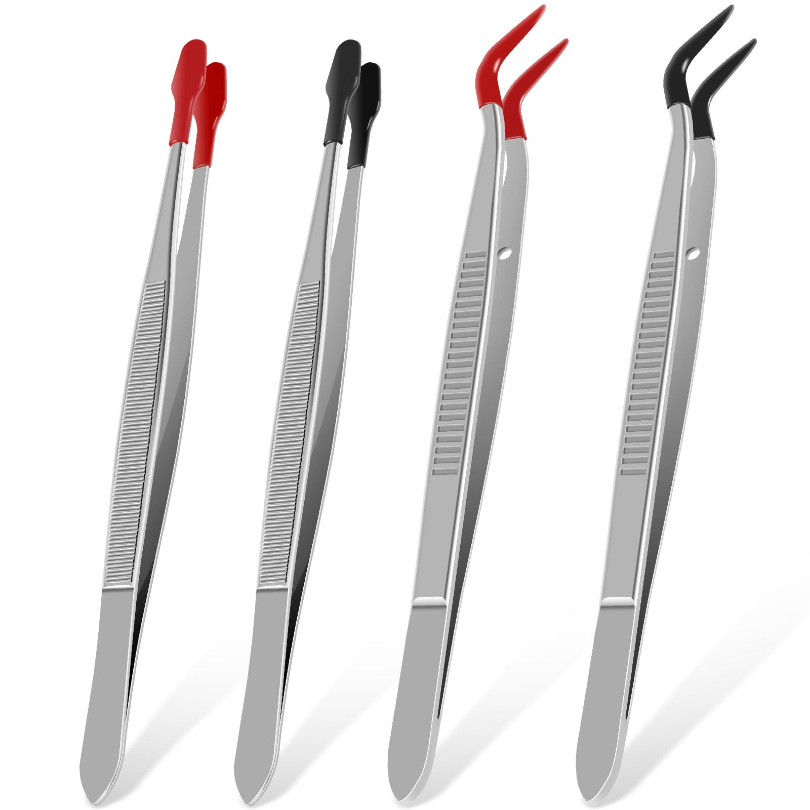 Tweezers Set 4pcs, with Rubber Tip, Stainless Steel Tweezers Kit, 2 Flat Tip Tweezers and 2