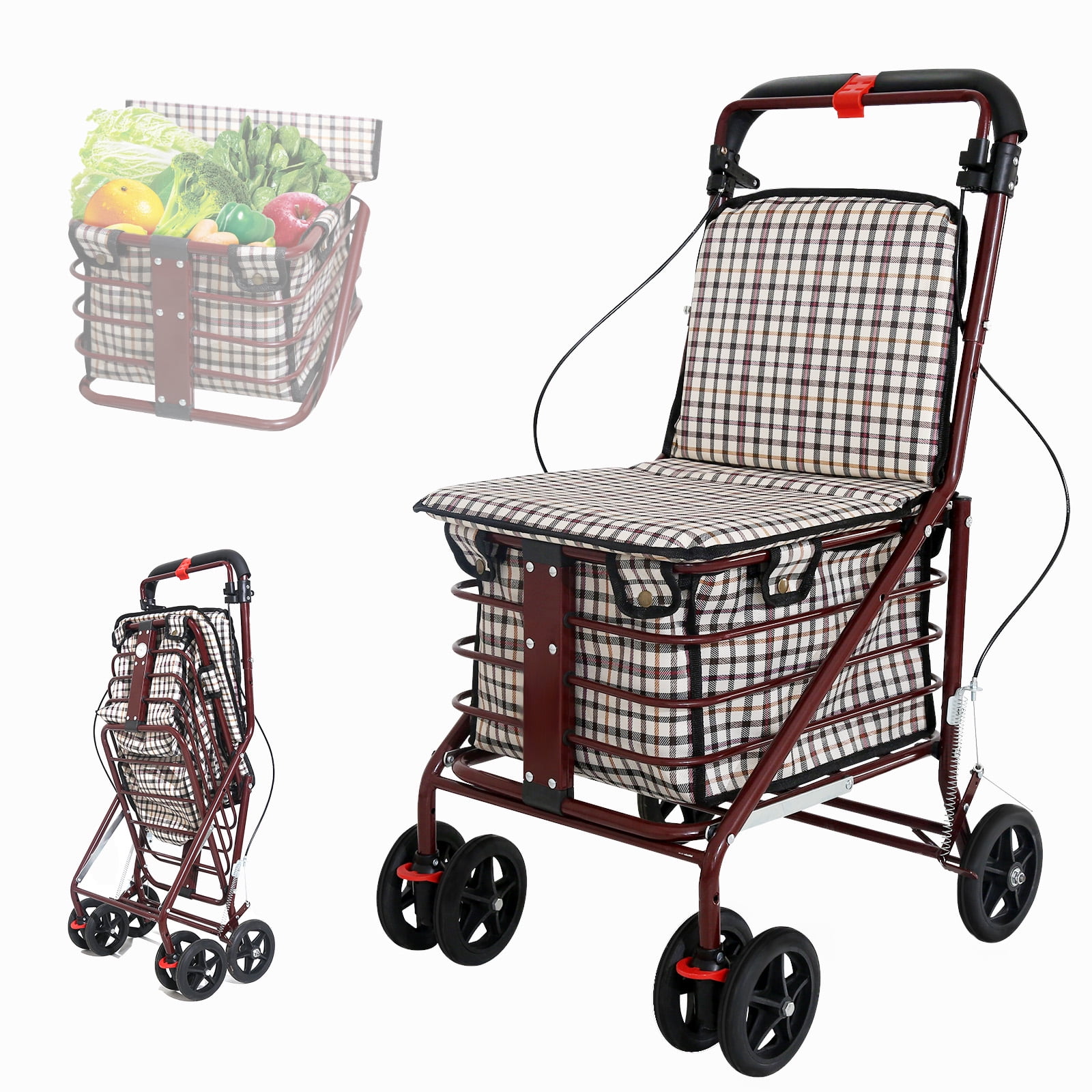 Heavy Duty Foldable Shopping Cart with Seat and 4 Wheels Lightweight Rollator Walker and Trolley for Seniors Mobility and Shopping Walmart