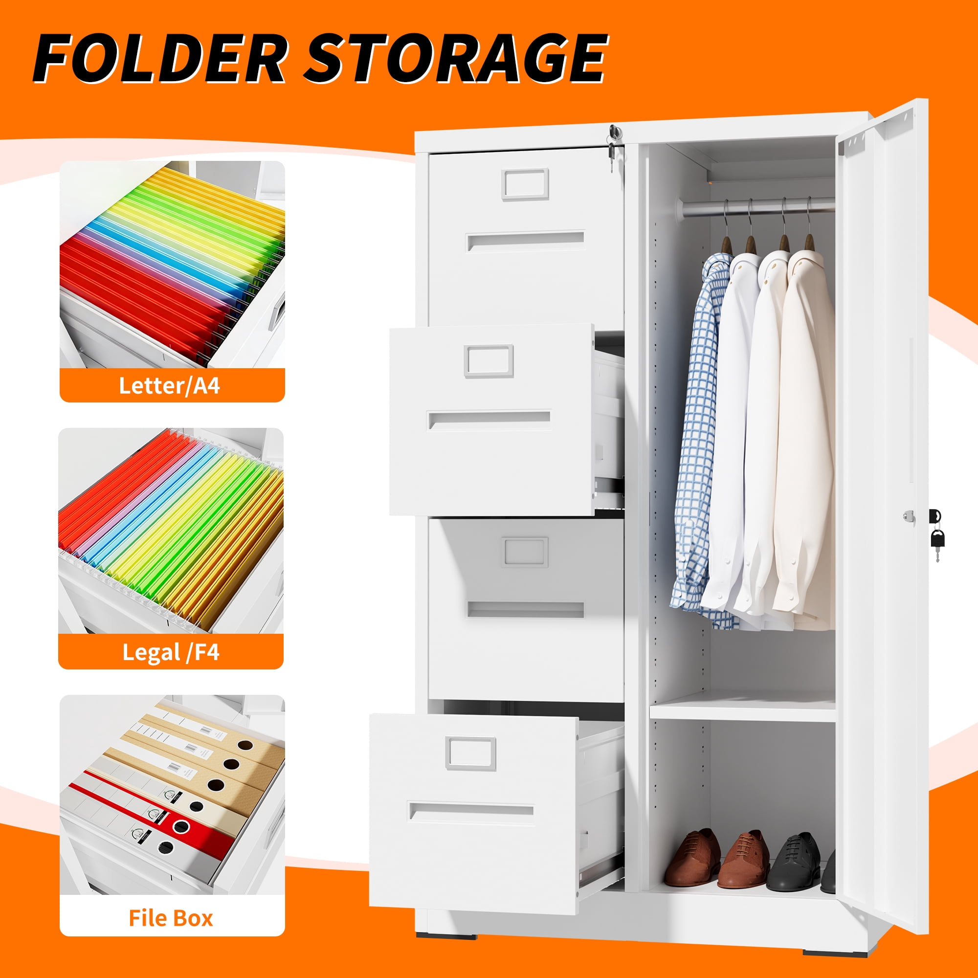 Leumius 52.4" Tall Metal Storage Cabinet with Lock,Freestanding Filing Cabinet Armoire Wardrobe Closet with 4 Drawers & Hanging Rod for Office,Living Room,School,White