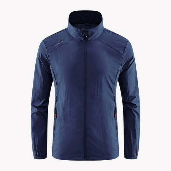 HOOMEUMY Mens Ice Silk Jacket Workout Long Sleeve Clothes Fashion 2025 Trendy Classic Solid Coat Standing Collar Jacket Sun Protection Design Casual Blue XXXXL