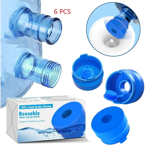 2-5 Gallon Water Jug Cap, 6（2*3） Pack Reusable Food Grade Silicone Replacement Cap for 55mm Standard/Screw/Crown Tops Water Bottle and Water Dispensers, Non-Spill & Leak Free