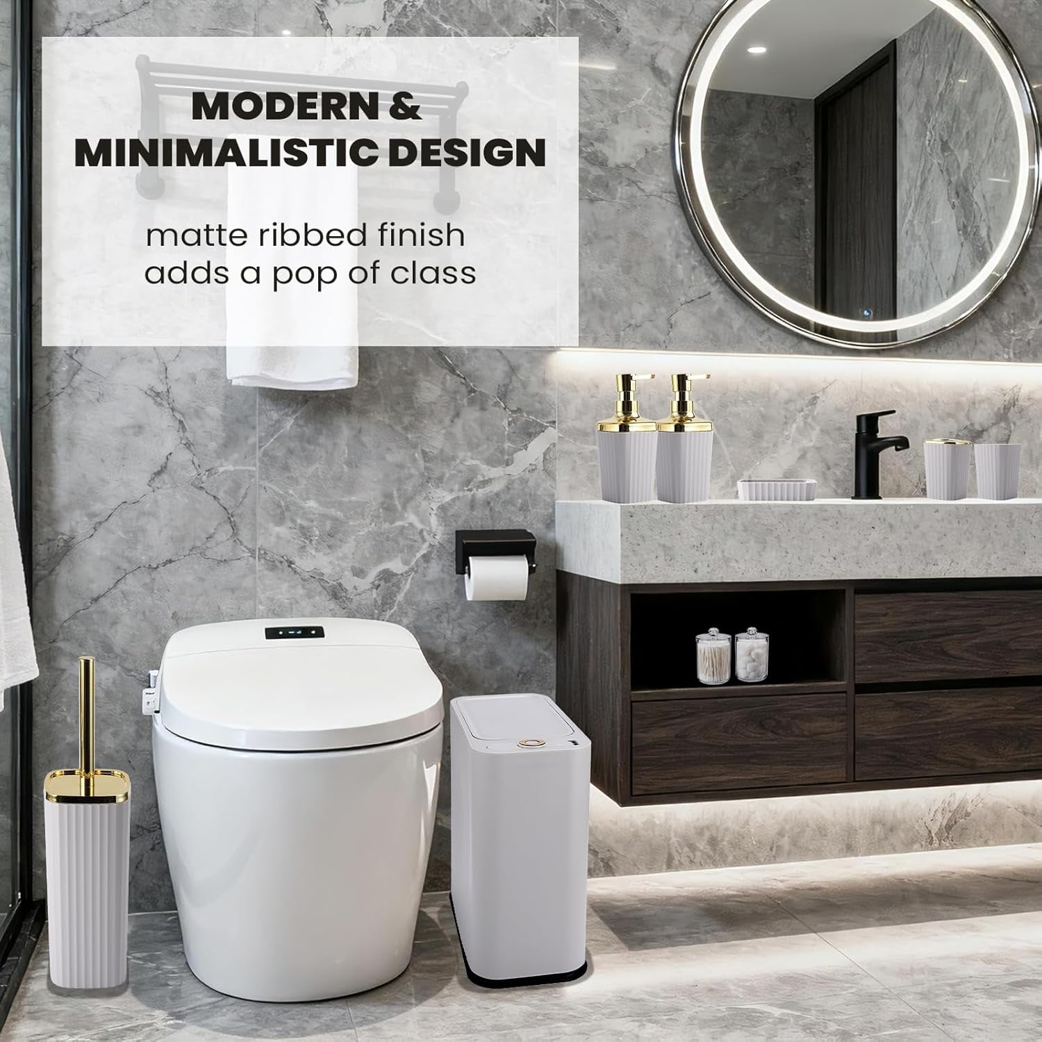 Black and Gold Bathroom Accessories Set - 9 Piece Complete Organization Kit with Slim Pop-up Trash Can, Toilet Brush, Lotion Dispensers, Jars & Soap Dish - Modern Matte Stripe Bathroom Decor