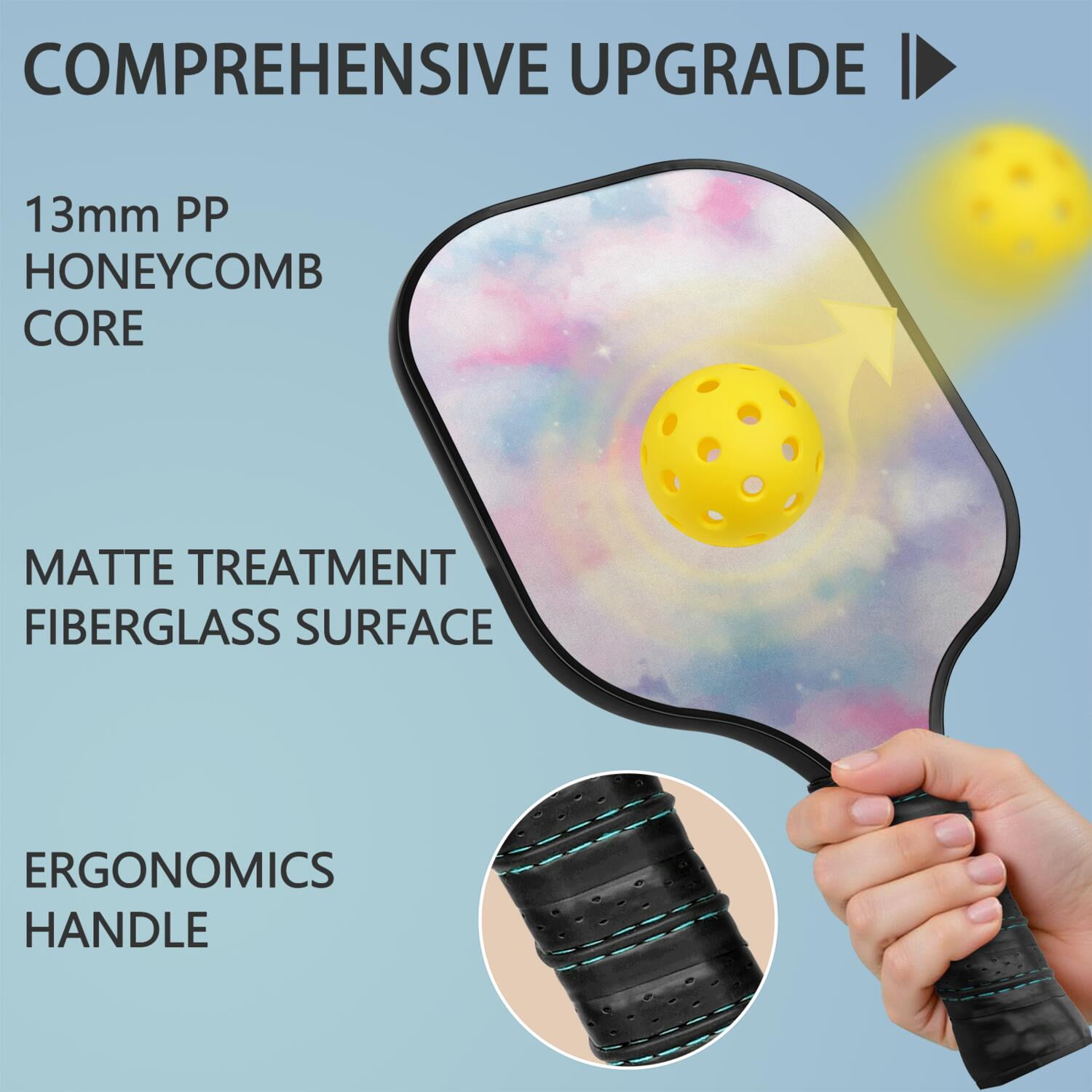 Pickleball Paddles Set Of 2, Fiberglass Surface, Dreamy Cloud Print, 4 Balls & Bag