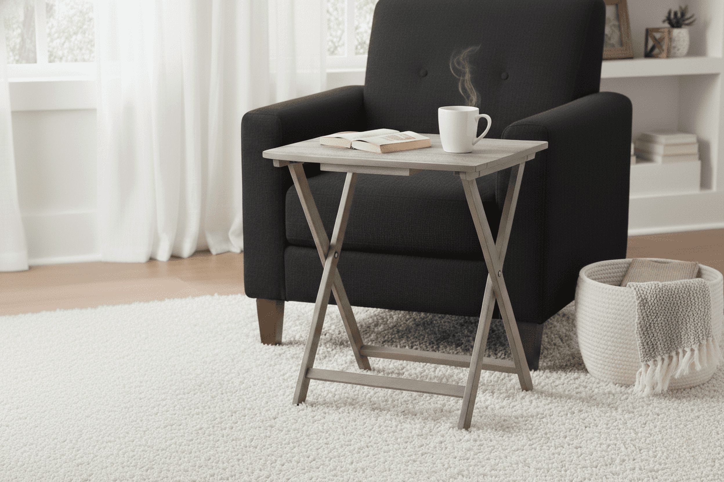 MAINSTAYS MODERN INDOOR FOLDING XL OVERSIZED TRAY TABLE IN RUSTIC GRAY L23.5 X W18 X H26 INCHES.