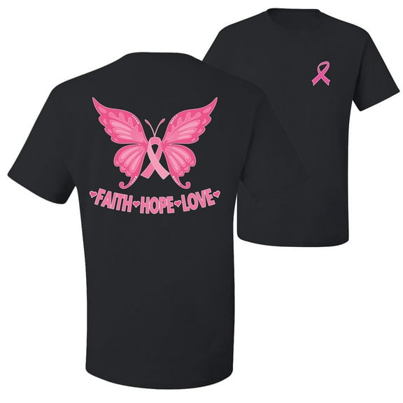 Wild Bobby, Breast Cancer Awareness Butterfly Pink Ribbon Faith Hope Love Front and Back Unisex Tee , Black, 5X-Large