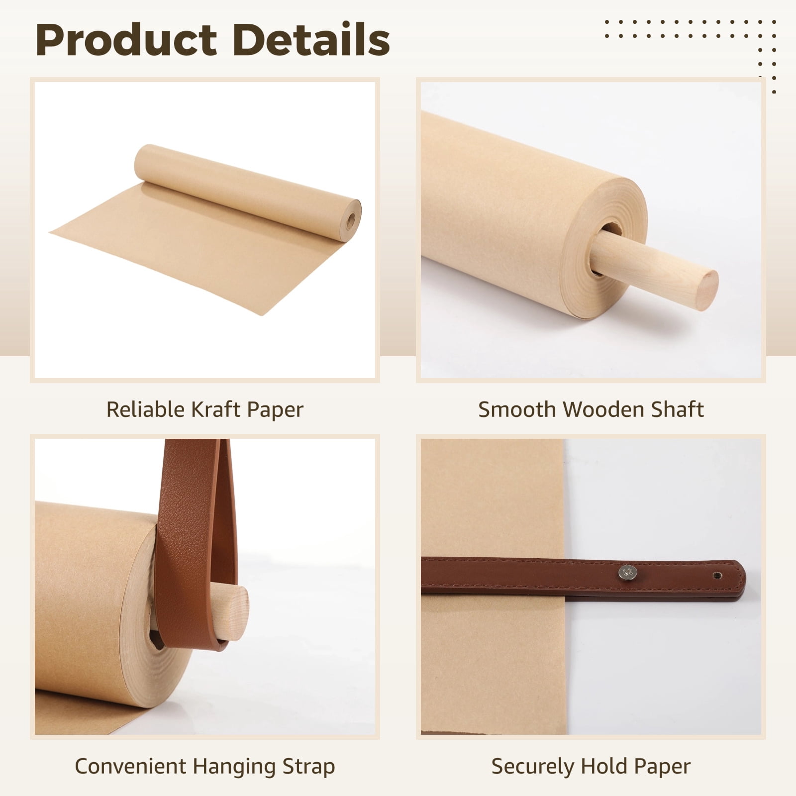 Kraft Paper Roll Kraft Paper Roll Wall Dispenser, Wall Mounted Butcher Paper Holder with Wood Roller & Leather Straps, 98 Ft Brown Kraft Roll for To-do Lists, Artwork, Wall Decor, Message Display