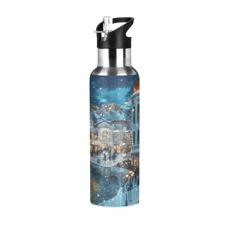 

600/1000ML Stainless Steel Sport Water Bottle with Straw Lid Leak Proof Vacuum Insulated Mug for Outdoor Activities Cycling Running & Walking White Building
