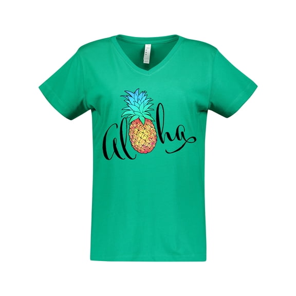 Inktastic Aloha- in Cursive with Pineapple Rainbow Colors Women's V-Neck T-Shirt