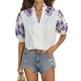 thumbnail image 2 of DPTALR Women's Fashion V-Neck Printed Puff Sleeve T-Shirt,Purple,Size L, 2 of 8