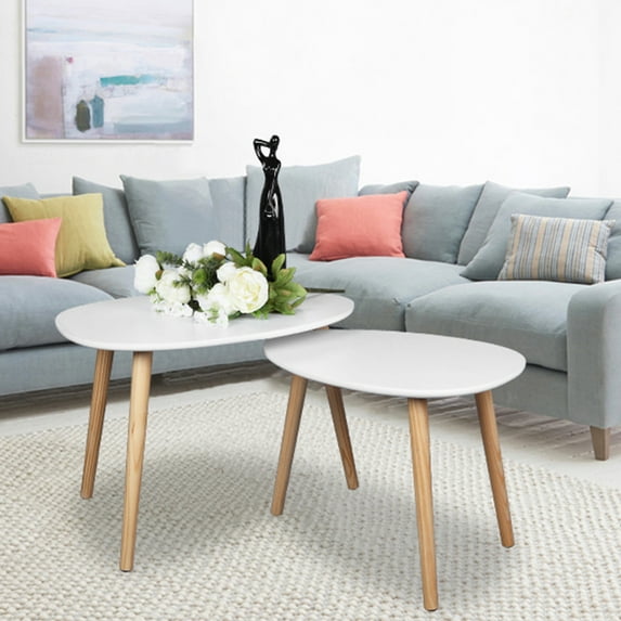 Nesting Coffee End Tables, Waterproof Side Tables for Small Spaces, Drop Shape Coffee Table with Anti-slip Foot Pads, Modern Furniture Decor Side Table for Living Room Balcony, Set of 2, White