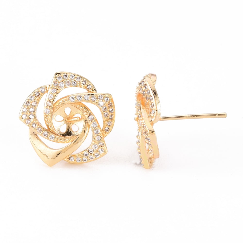 Brass Micro Pave Clear Cubic Zirconia Stud Earrings Findings for Half Drilled Bead Nickel Free Flower Real 18K Gold Plated 15.5x16mm Pin: 0.8mm Pin: 0.8mm(for Half Drilled Bead)