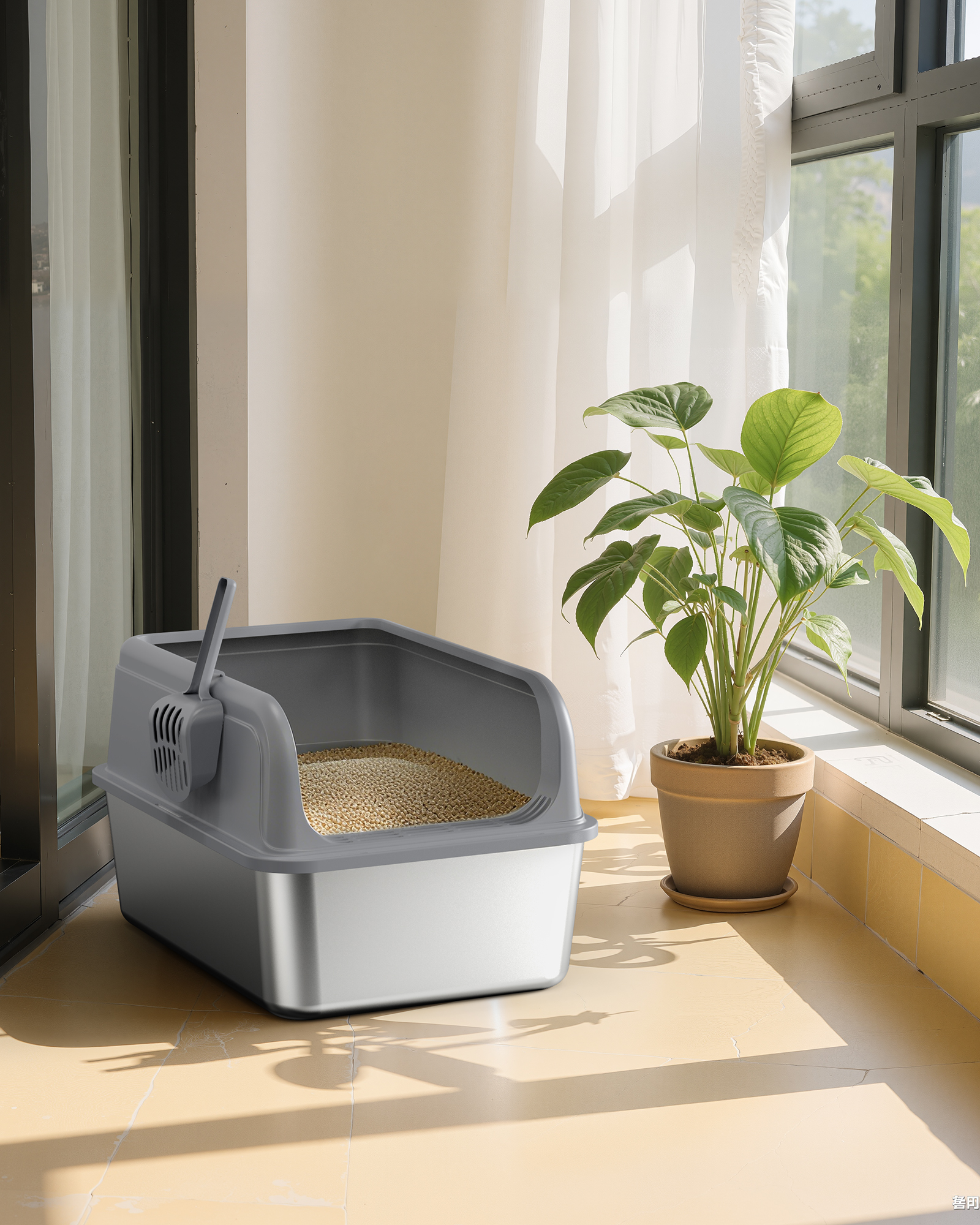 Powools Stainless Steel High-Sided Cat Litter Box with Scoop photo 5