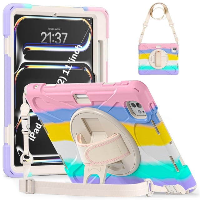 Funda para iPad Pro 11 2025 / 2024, Silicona Anti-caída + Capa Protectora de PC con Asa, Correa para el Hombro, Funda Protectora Resistente a Golpes y Tres Pruebas para Tablet, Rosa Colorido