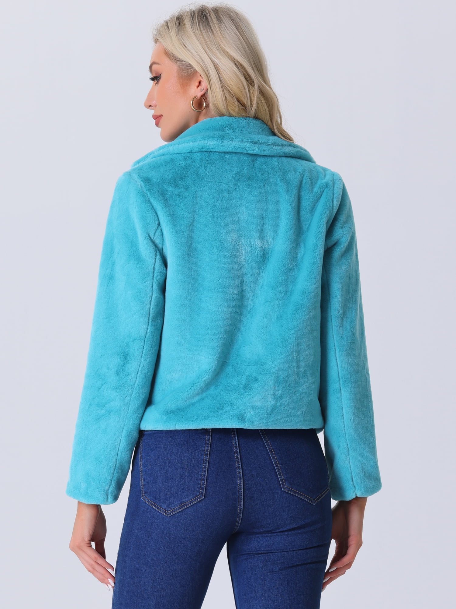 DARING DIVA Women's Cropped Notch Lapel Faux Fur Fluffy Coat XL Peacock Blue