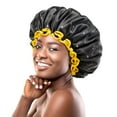 thumbnail image 1 of mikimini Gorros de ducha negros extra grandes, paquete de 2 para mujeres y hombres, trenzas de pelo largo y grueso, reutilizables, impermeables, doble capa, gorro de baño XL con borde amarillo vibrant, 1 of 4
