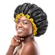 thumbnail image 1 of mikimini Gorros de ducha negros extra grandes, paquete de 2 para mujeres y hombres, trenzas de pelo largo y grueso, reutilizables, impermeables, doble capa, gorro de baño XL con borde amarillo vibrant, 1 of 4