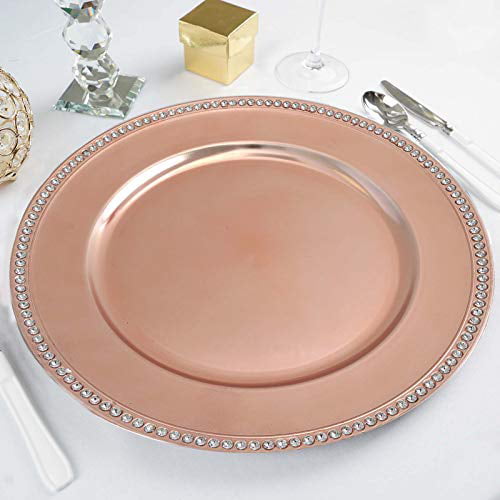 Efavormart 13 Round Blush Rose Gold Crystal Beaded Charger Plates Wedding Party Dinner Servers for Tabletop Decor Set of 6 