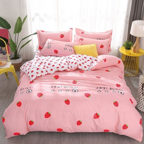 3/4Pcs Ropa de Cama Set Pink Strawberry Fashion Sábanas Queen Size Ropa de Cama de Lujo