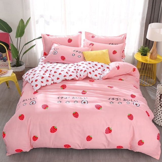 3/4Pcs Ropa de Cama Set Pink Strawberry Fashion Sábanas Queen Size Ropa de Cama de Lujo