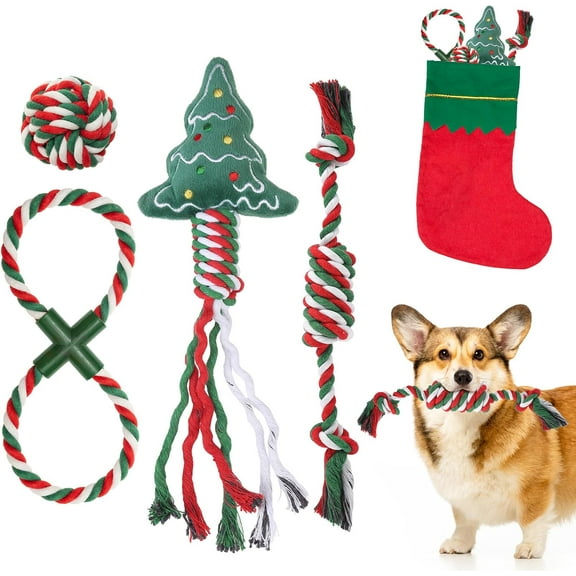 Christmas Dog Rope Toys, 4pcs Doggy Chew Toys with Stocking for Teething Cleaning, Squeaky Plush Puppy Toy, Interactive Dog Stocking Stuffers, Xmas Gifts for Small Medium Large Dogs