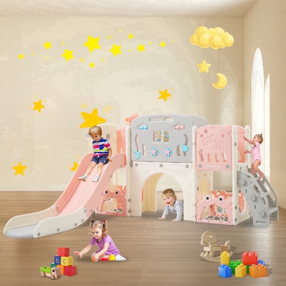 Shengchao Trade 11-in-1 Toddler Slide Playset with Basketball Hoop, Arch Tunnel, Toy Storage, Pink, for Ages 1-3