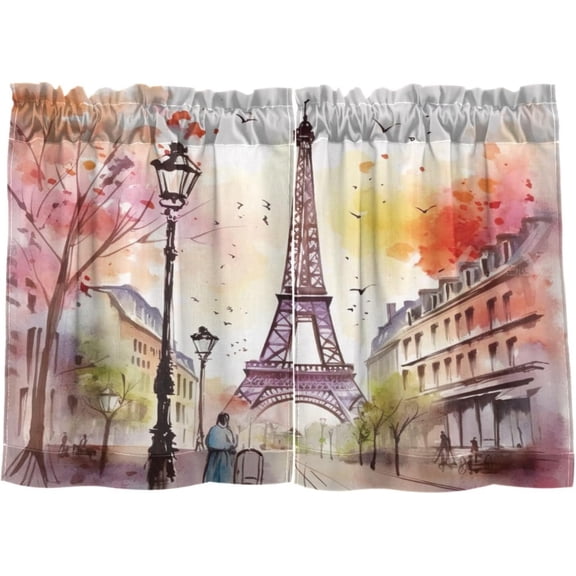 FREEAMG 24 Inch Length Kitchen Curtains Paris Eiffel Tower 2 Panels Half Window Sheer Curtains Rod Pocket Farmhouse Short Drapes for Bathroom Cafe Basement