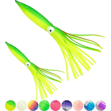 BLUEWING 10pcs Trolling Squid Skirts Fishing Saltwater with Float Inside Squid Lures Fishing Saltwater Octopus Skirt for Tuna Mahi Marlin Big Game Fish Green-yellow 9in