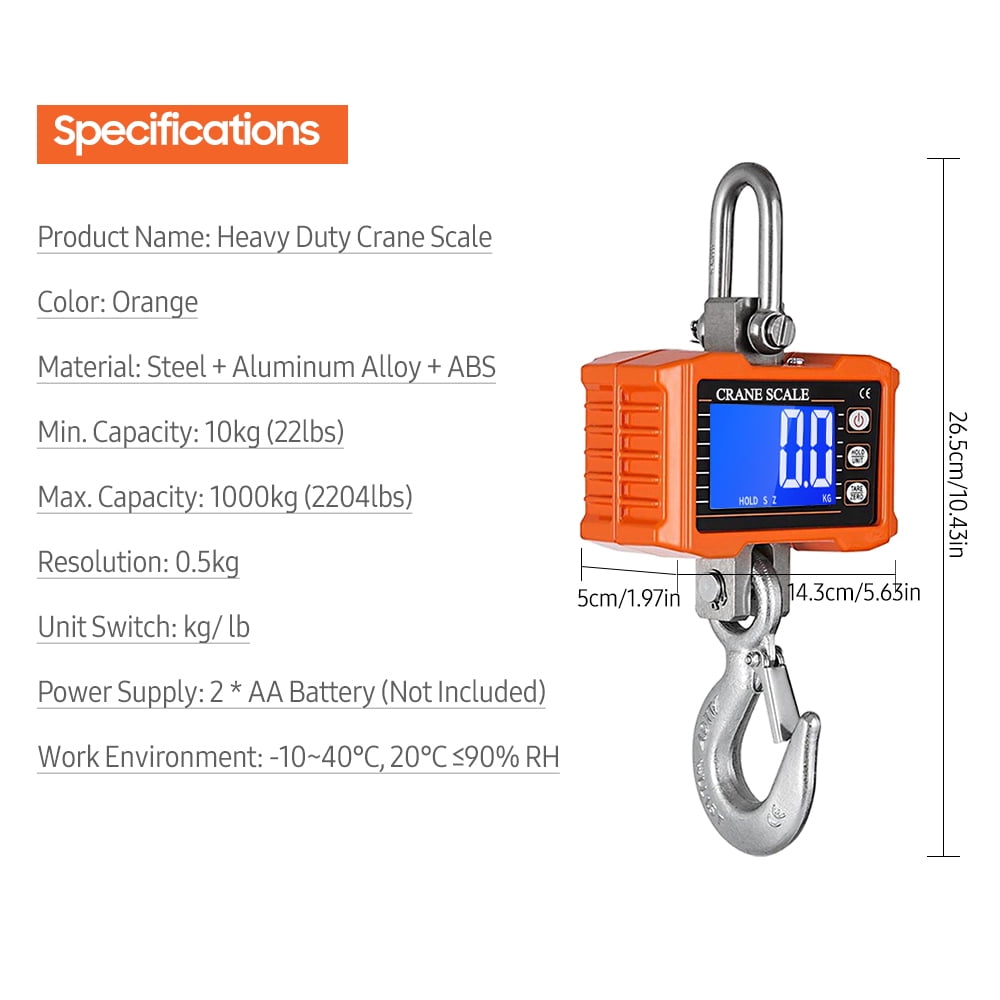 Digital Hanging Scale 1000kg/ 2204lbs Portable Heavy Duty Crane LCD Backlight Industrial Hook Scales Unit Change/ Data Hold/ Tare/ Zero for Construction Site Travel Market Fishing Outdoor Work