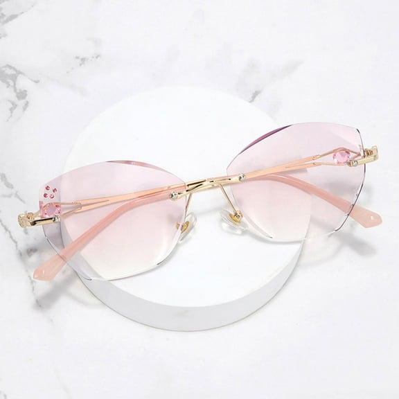 Butterfly Gradient Pink Rimless Reading Glasses 1.00, Diamond Frameless Ultra-light Blue Light Blocking Readers 1.00 for Women