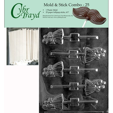 Bride And Groom Candy Molds - Cybrtrayd 45St25-W024 Bride and Groom Lolly Wedding Chocolate Candy Mold with 25-Pack 4.5-Inch Lollipop Sticks