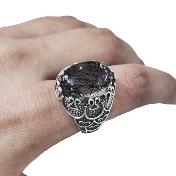 Black Rutile Mans Ring, Natural Black Rutilated Quartz, Quartz Silver Jewelry, 925 Silver Ring, Gift, Heavy Mens Ring, Arabic Design, Ottoman Style Ring, Christmas, Turkey Mens Signet Ring
