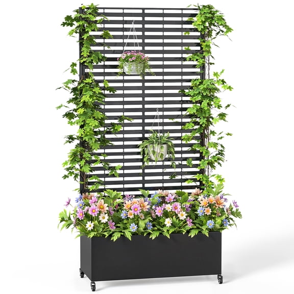 Dovov Raised Garden Bed with Trellis, Outdoor Metal Planter with Drainage Hole, Rolling Trellis Planter Box for Climbing Plants, 35"W x 73"H, Black