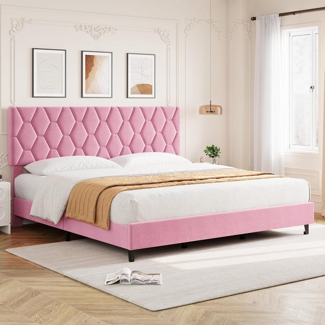 Pink California King Bed Frame, Upholstered Bed Frame, Heavy-Duty Platform Bed Frame with Height Adjustable Fabric Headboard, Strong Wood Slat Support/No Box Spring Needed