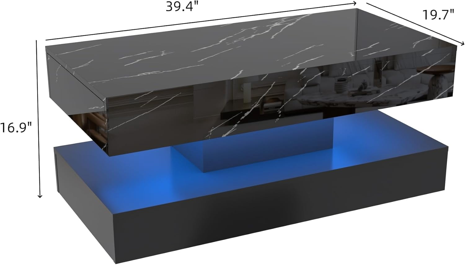 ChVans 39.37" Black LED Coffee Table with 2 Storage Drawers, Modern High Gloss Coffee Table w/20 Colors LED Lights/APP Control, 2 Tiers Rectangle Large Living Room Furniture w/Marbling Print