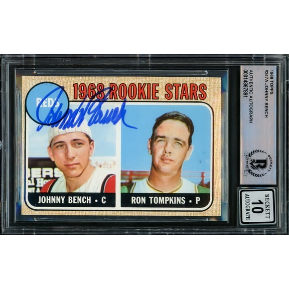 Johnny Bench Autographed 1968 Topps Rookie Card #247 Cincinnati Reds Auto Grade Gem Mint 10 Beckett BAS #14867891