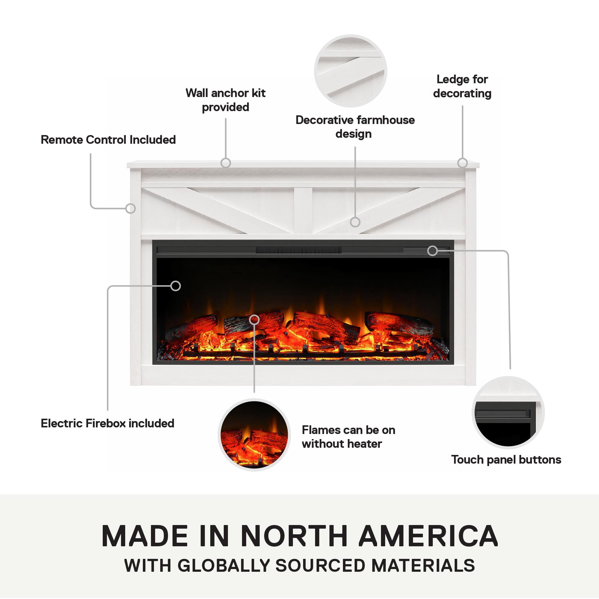 Woven Paths Scandi Farmhouse Wide Modern Farmhouse Mantel with Electric Fireplace, Ivory Oak
