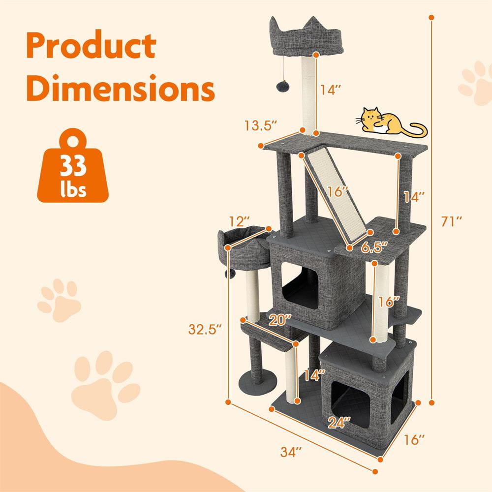 Choco Moon 71" Tall Cat Tree Multi-Level Large Tower w/Scratching Posts, Cat Climbing Tower, Corner Cat Tree, Cat Condos for Indoor Cats-Gray
