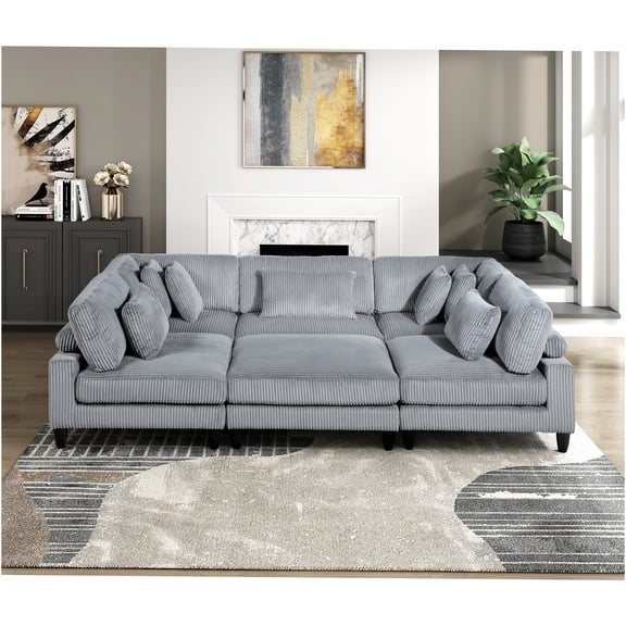JERFIT 6-Piece Modular Sofa Set with Ottoman, Gray Corduroy Fabric Sectional Couch for Living Room, Modern L-Shaped Chaise Lounge