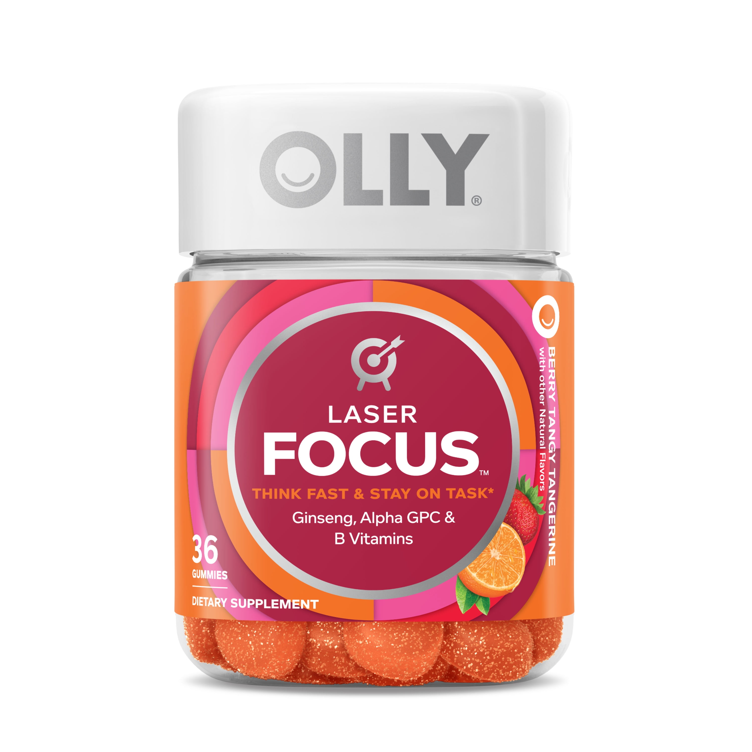 OLLY Laser Focus Gummy, Ginseng, Alpha GPC, B Vitamin, Supplement, Berry Tangerine, 36 Ct