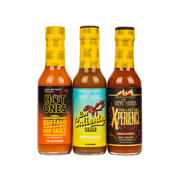 Hot Ones Season 23 The Classic Trio, Hot Sauce Pack with The Buffalo Hot Sauce, Los Calientes Verde & The Last Dab: Xperience, 5 Fl oz Bottles (3-Pack)