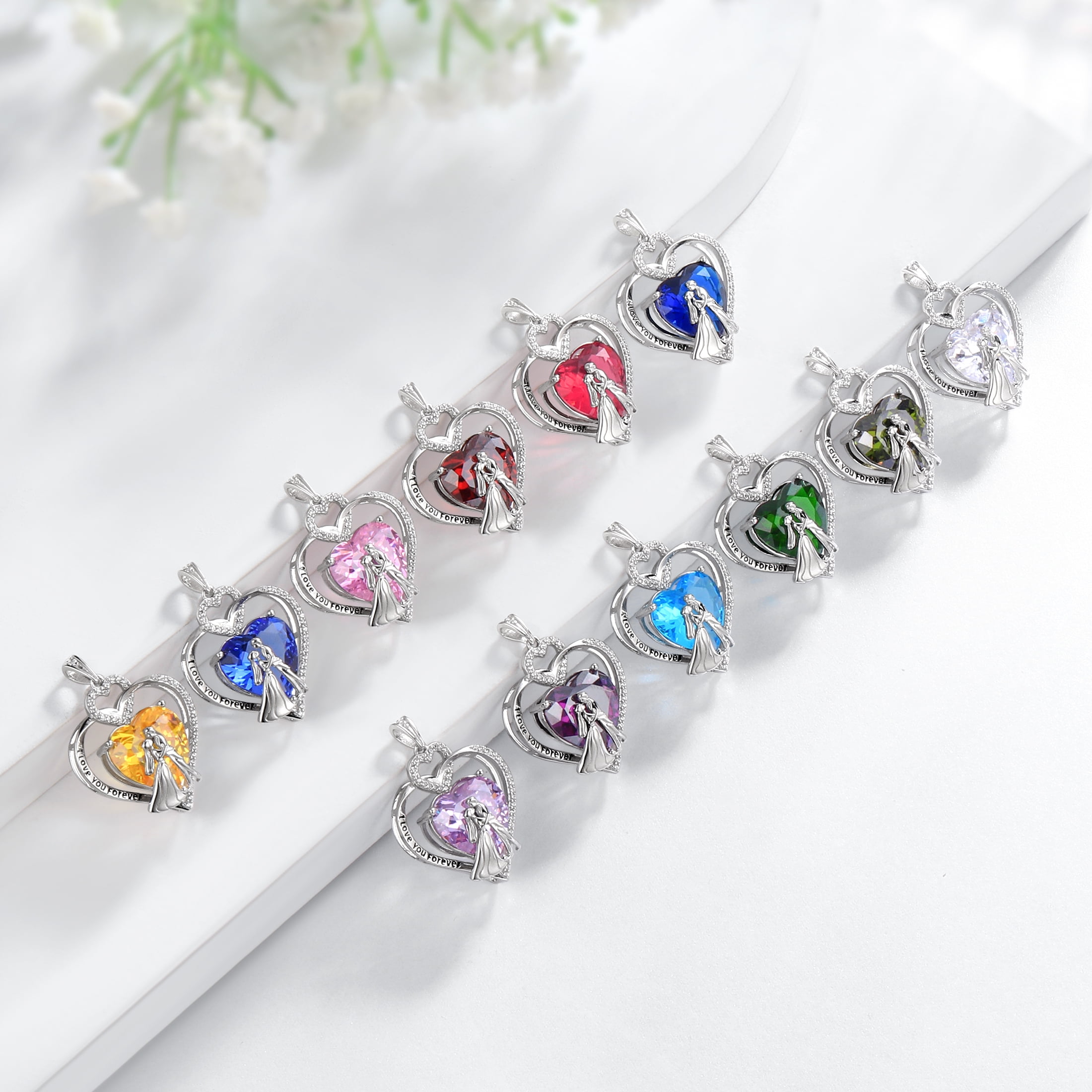 Juwaliy Couple Necklace for Women 925 Sterling Silver Heart March Birthstone Pendant Engraved I Love You Wedding Engagement Jewelry Valentines Day Gift for Wife Bride Her