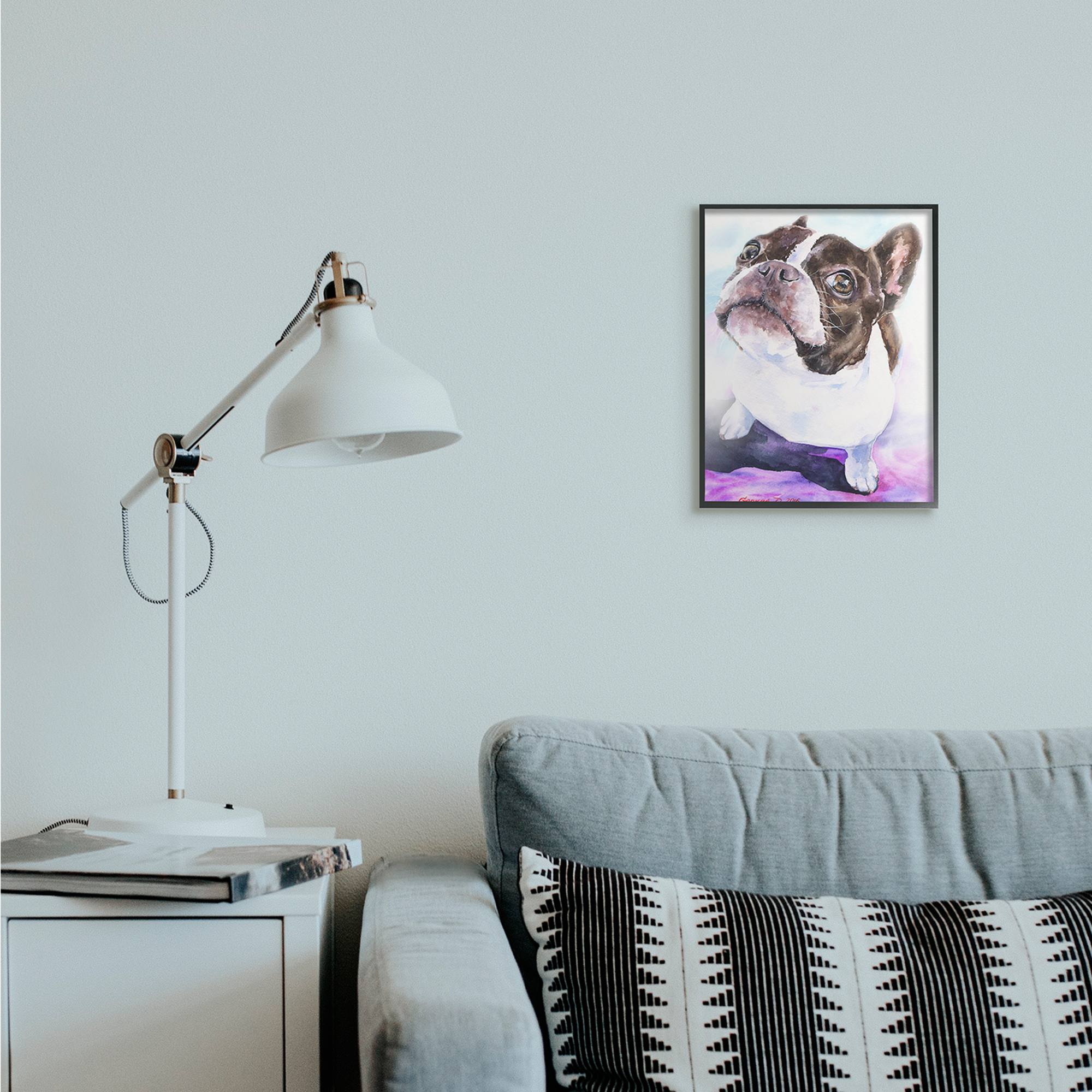 Stupell Industries Happy Boston Terrier Pet Dog Portrait Black Purple Black Framed, 11 x 14, Design by George Dyachenko