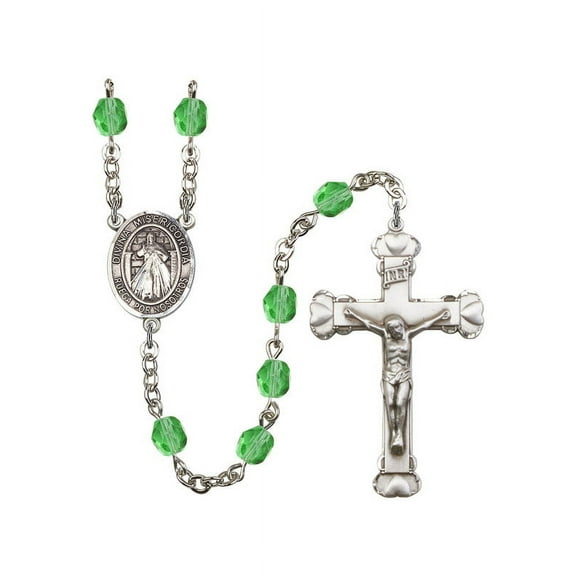 Divina Misericordia Silver-Plated Rosary 6mm August Green Fire Polished Beads Crucifix Size 1 5/8 x 1 medal charm