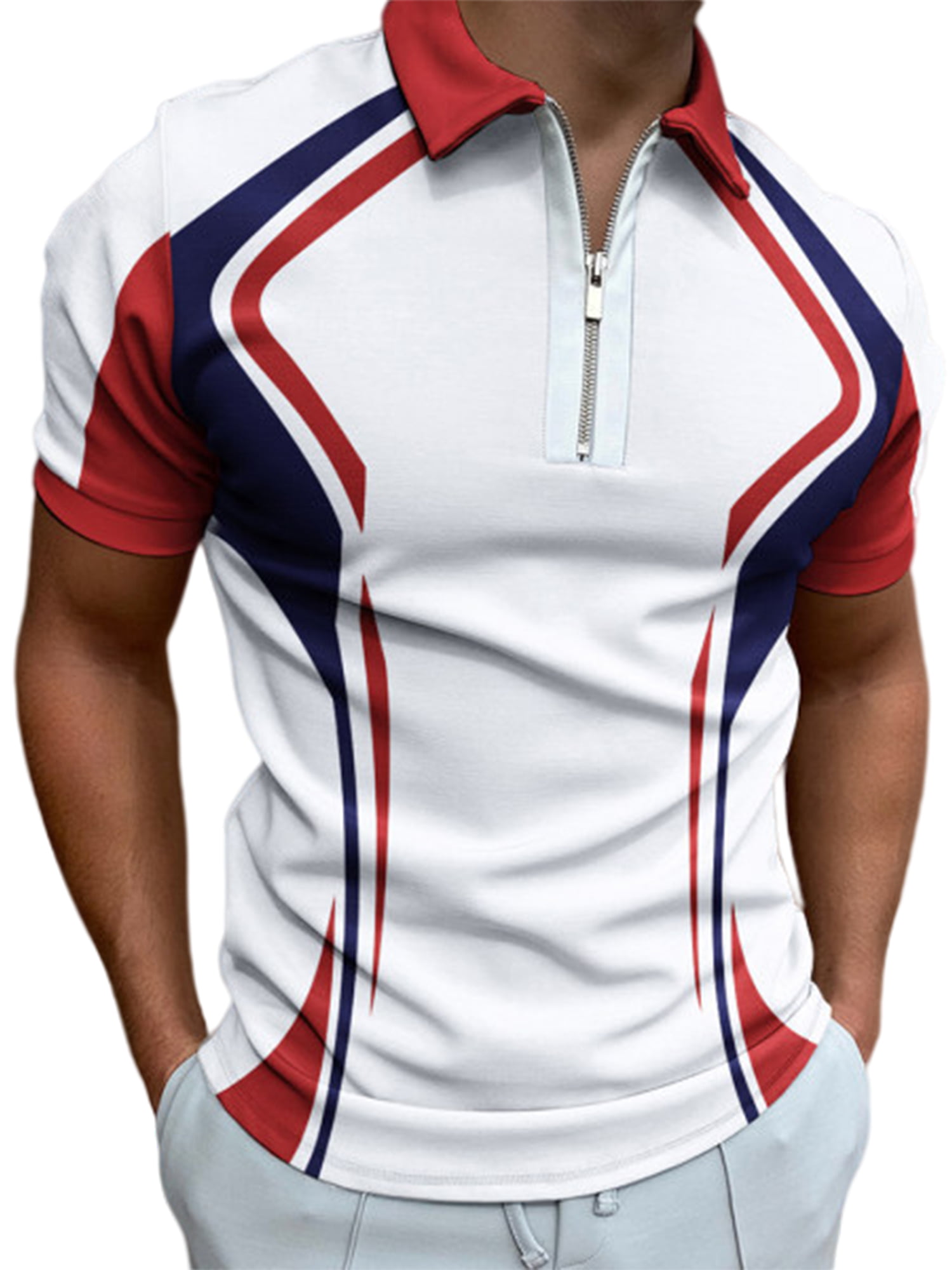 Frontwalk Casual Zip Up Polo Shirts for Men Short Sleeve Stripes ...