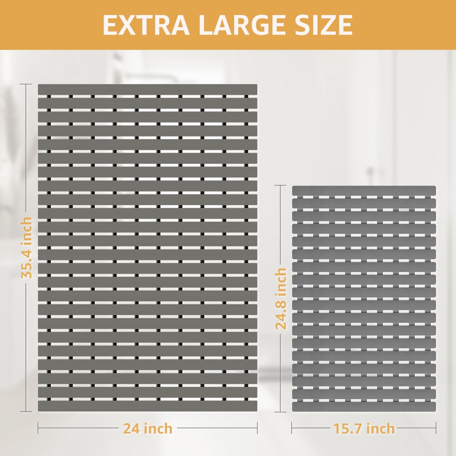 Yolife Extra Large PVC Shower Mat, 35.4x24 inch Non-Slip Bath Mat with Quick Drain, No Suction Cups, Easy to Cut & Store for Tub, Stall, Spa,Dark Grey
