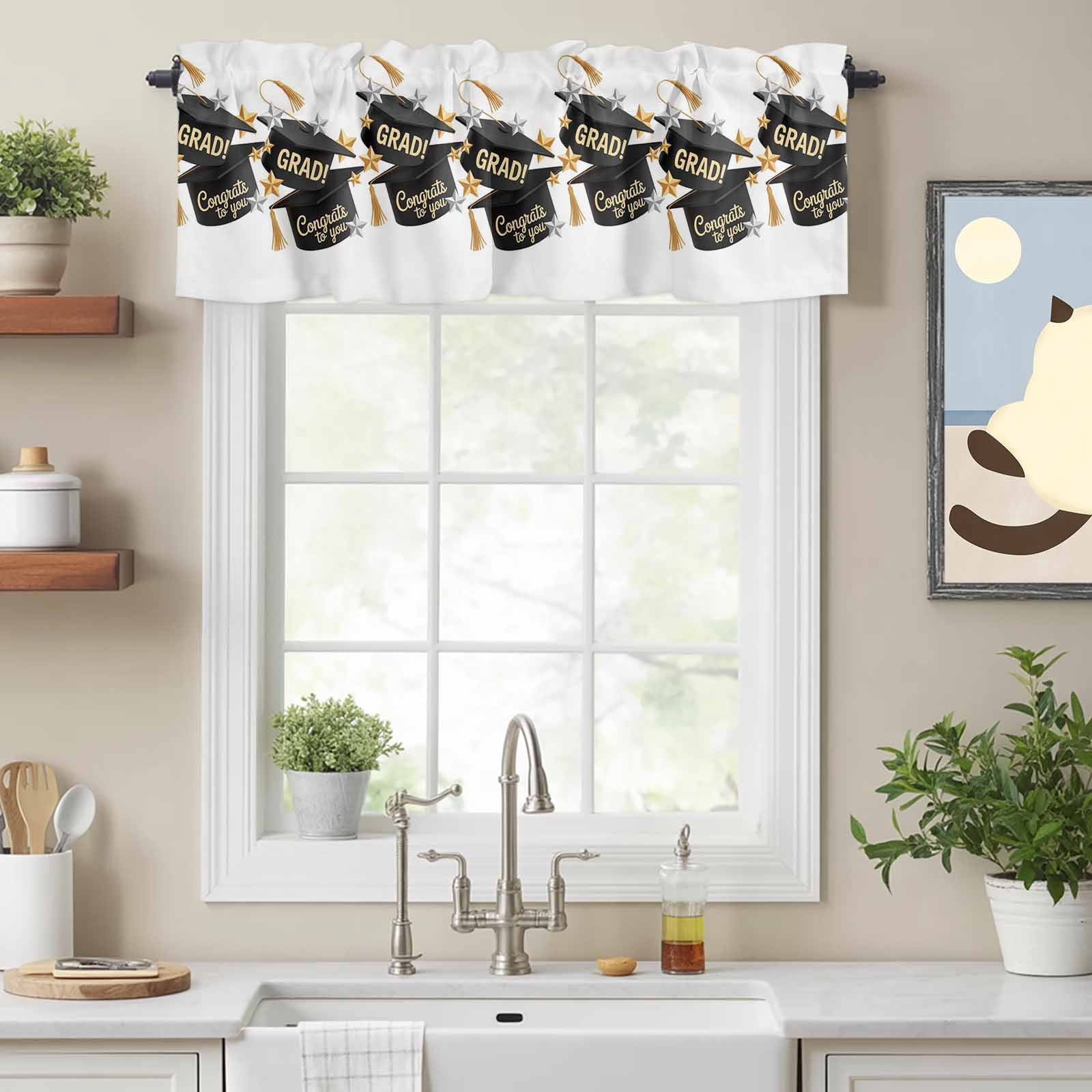 Congrats to You Valances for Windows GRAD Graduation Hat Three-Dimensional Stars Rod Pocket Cafe Window Treatments Valance Curtains for Kitchen Bathroom Laundry Basement Windows 60"x18"