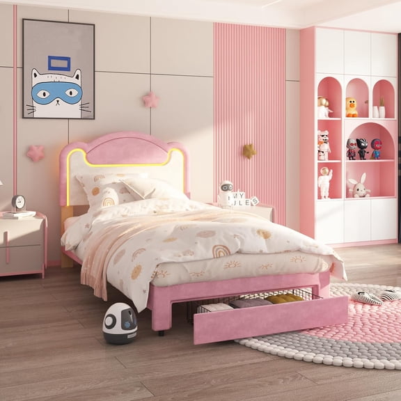 LED Light Upholstered Bed Frame, Twin Size Princess Bed with Storage Drawers and Fabric Headboard, Features Wood Slats and No Box Spring Needed, Pink