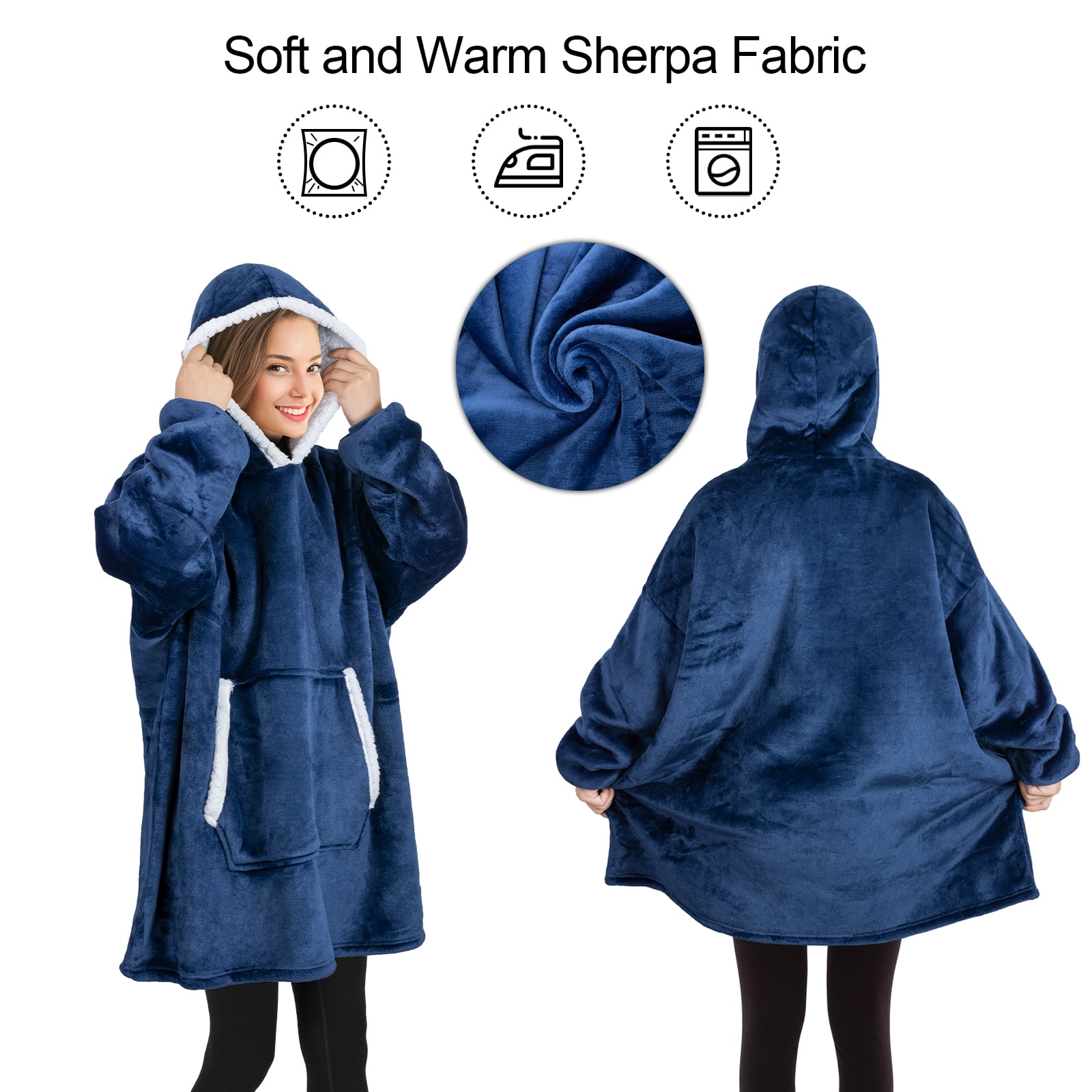 Qoosea Wearable Blanket Hoodie Oversized Fleece Sherpa Sweatshirt with Giant Pocket Winter Hooded Blanket for Women Men Christmas Gifts Navy Blue