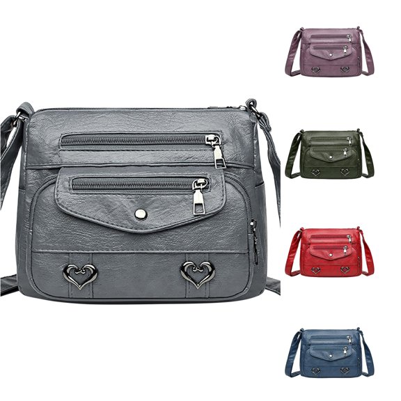 XINXIAOO Heart Decor PU Leather Crossbody Bag, Vintage Shoulder Purse with Multi Pockets & Zipper